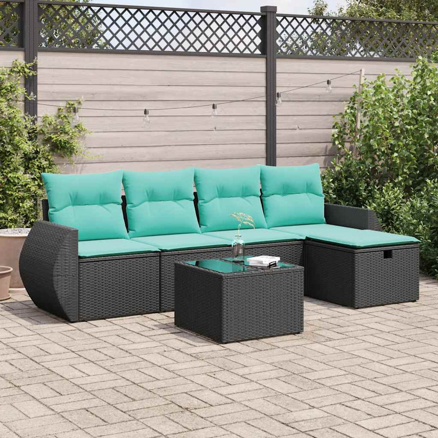 6-delige Loungeset met kussens poly rattan zwart