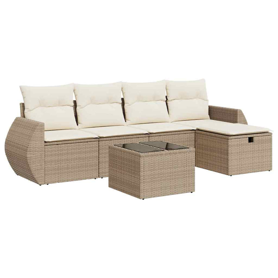 6-delige Loungeset met kussens poly rattan beige