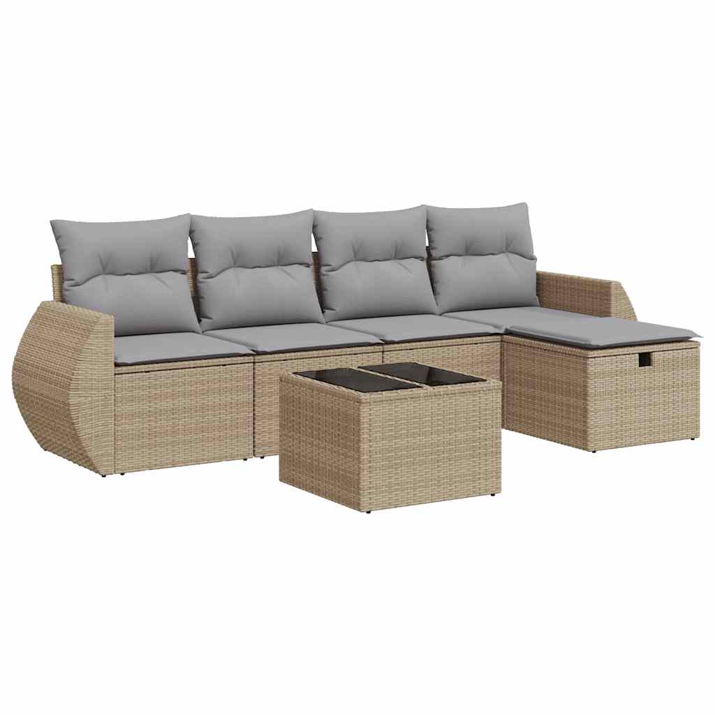 6-delige Loungeset met kussens poly rattan beige