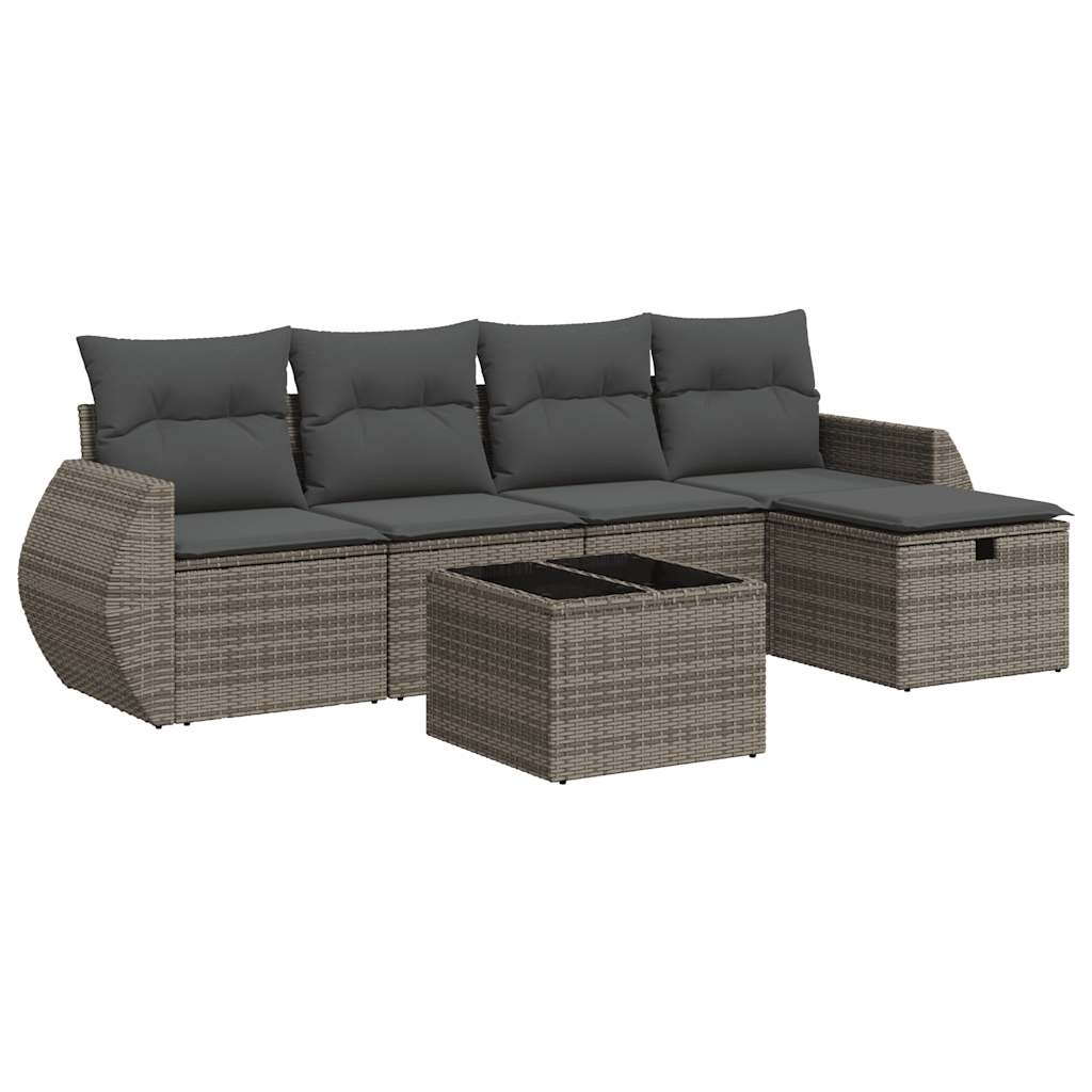 6-delige Loungeset met kussens poly rattan grijs