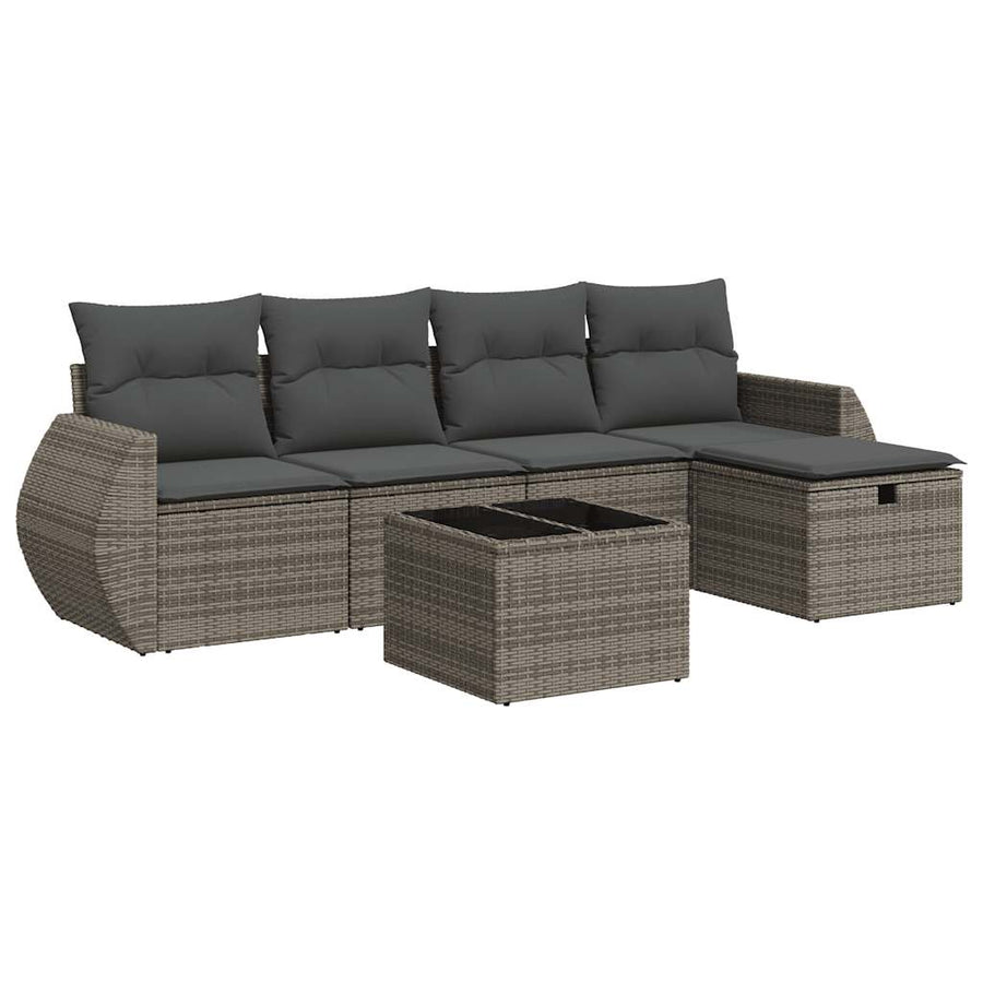 6-delige Loungeset met kussens poly rattan grijs