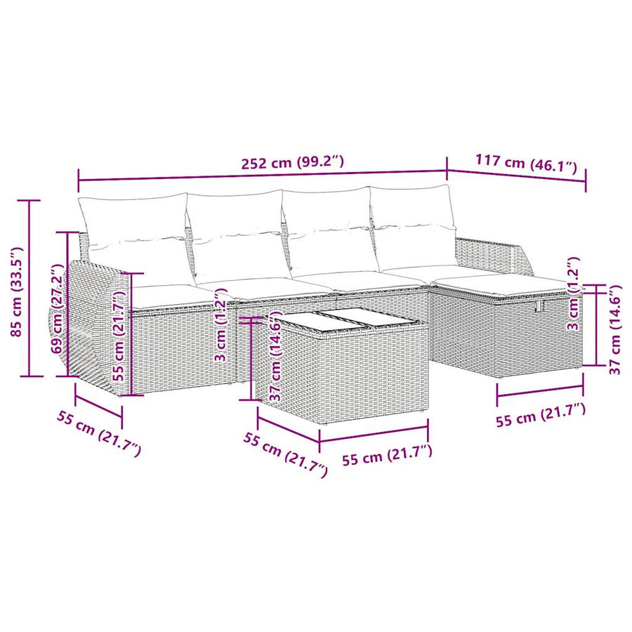 6-delige Loungeset met kussens poly rattan grijs
