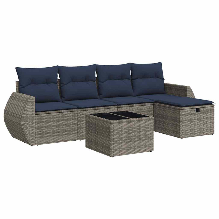 6-delige Loungeset met kussens poly rattan grijs