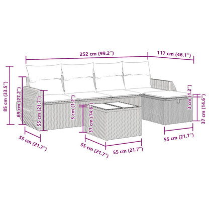6-delige Loungeset met kussens poly rattan grijs
