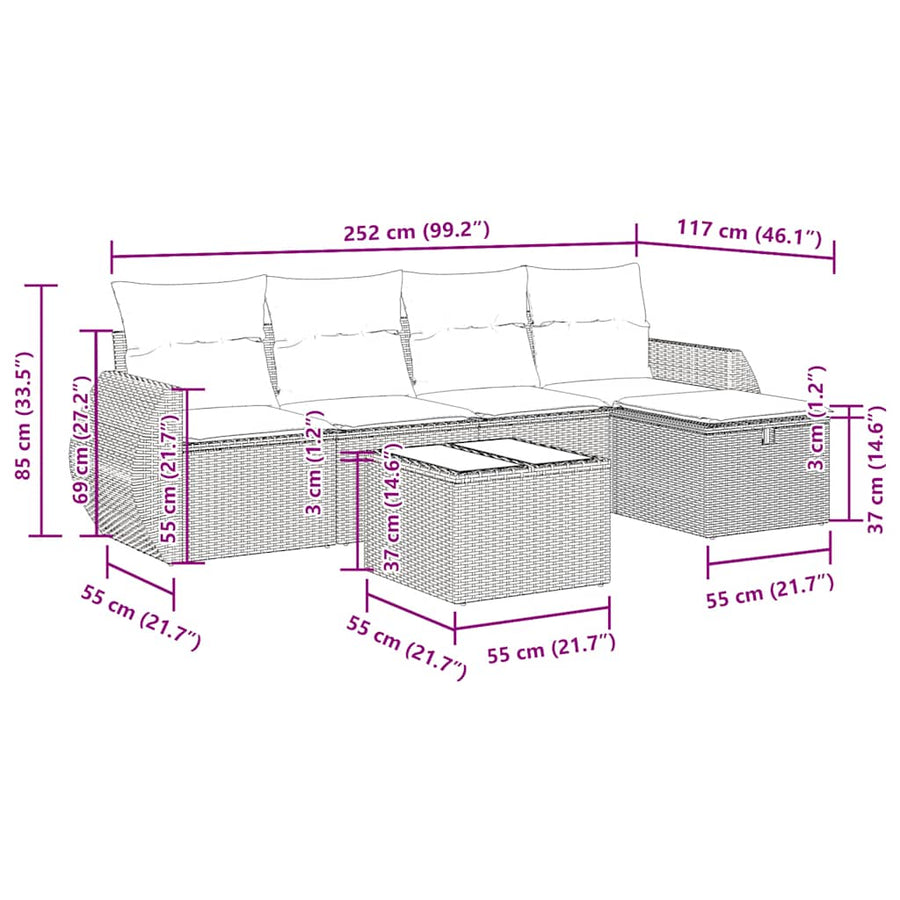 6-delige Loungeset met kussens poly rattan grijs