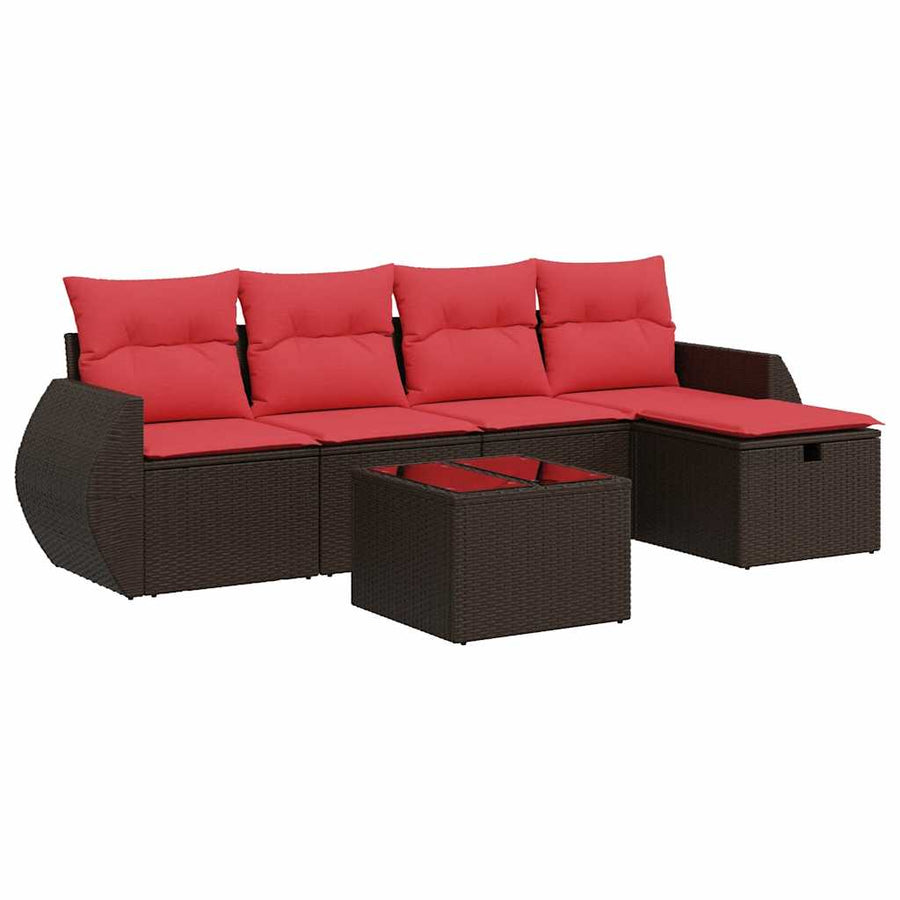 6-delige Loungeset met kussens poly rattan bruin