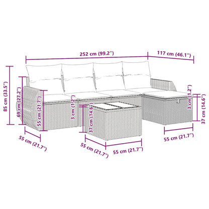 6-delige Loungeset met kussens poly rattan bruin