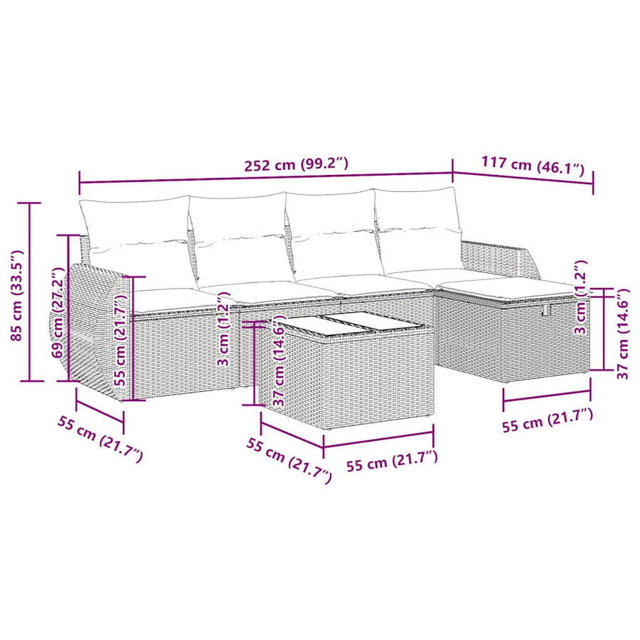 6-delige Loungeset met kussens poly rattan bruin