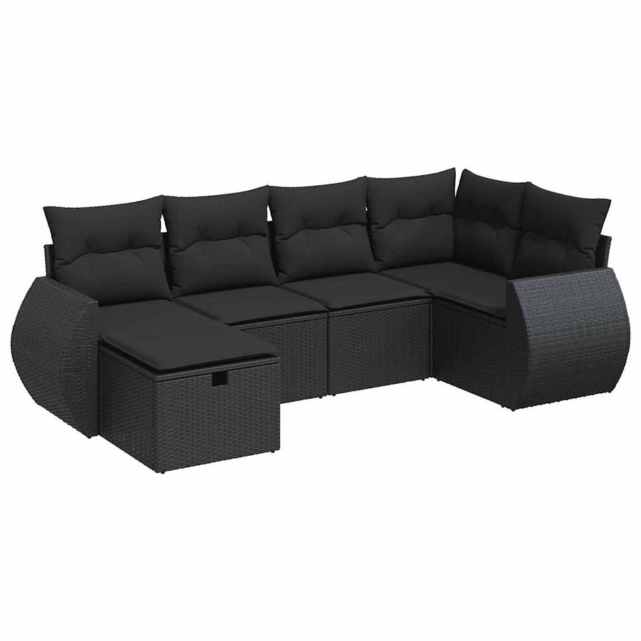 6-delige Loungeset met kussens poly rattan zwart