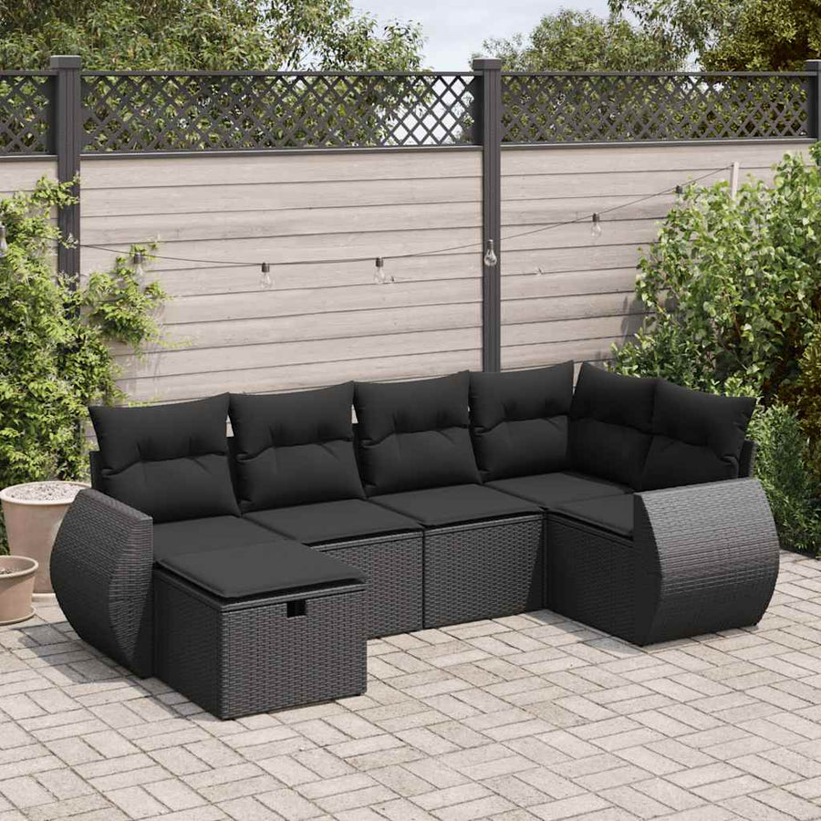 6-delige Loungeset met kussens poly rattan zwart