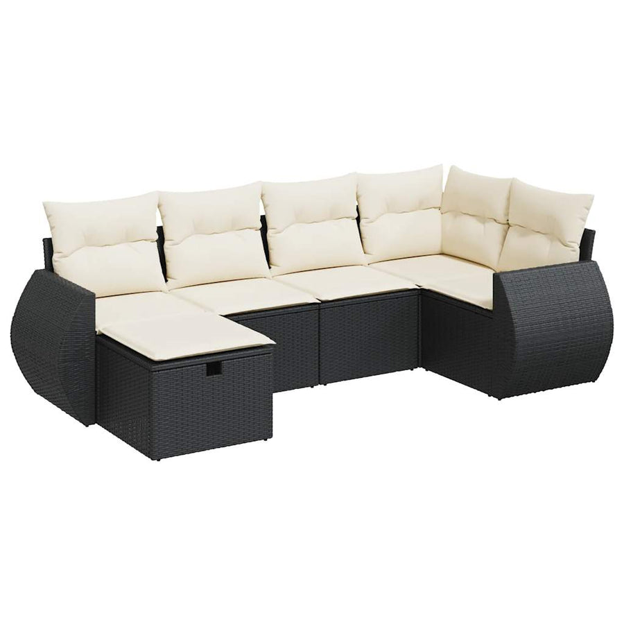 6-delige Loungeset met kussens poly rattan zwart