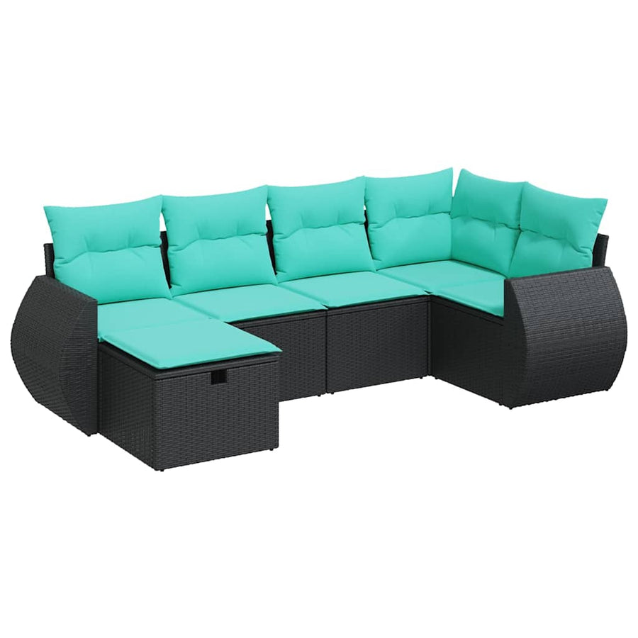 6-delige Loungeset met kussens poly rattan zwart