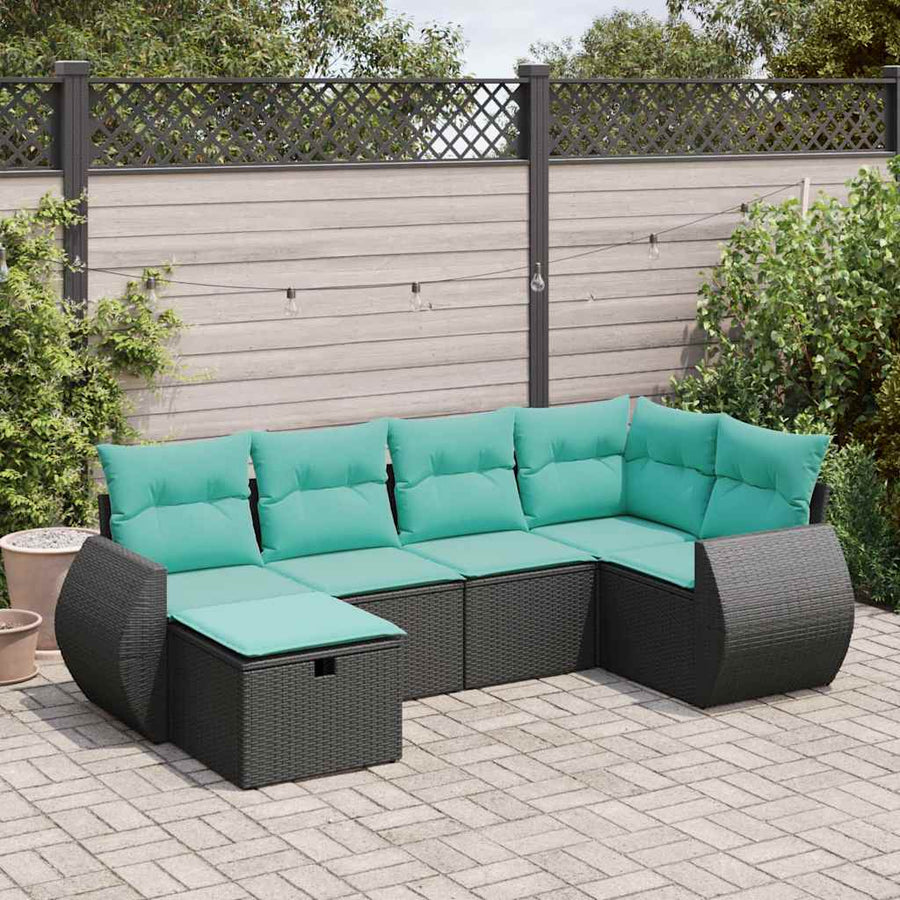 6-delige Loungeset met kussens poly rattan zwart