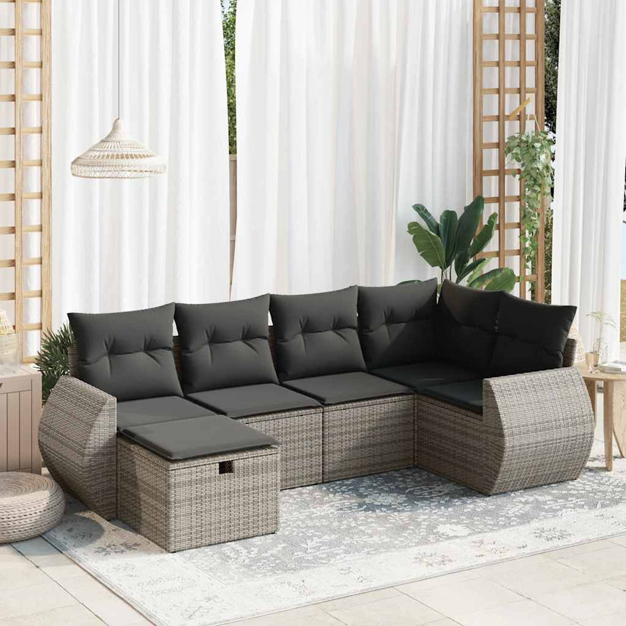 6-delige Loungeset met kussens poly rattan grijs