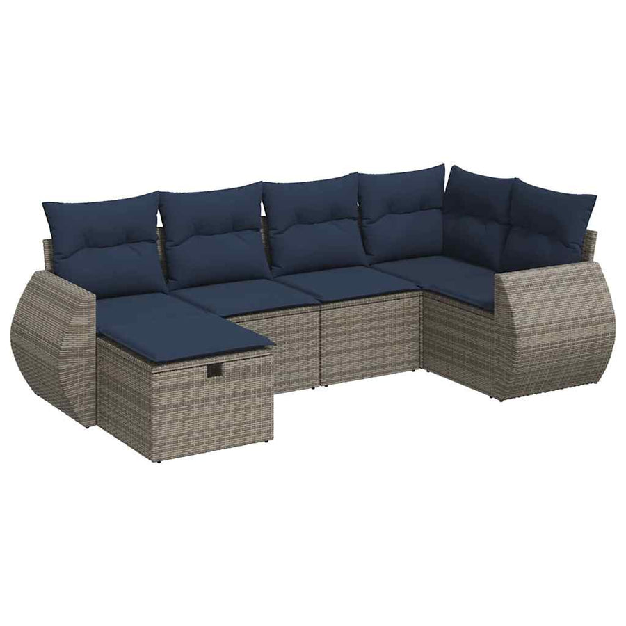 6-delige Loungeset met kussens poly rattan grijs