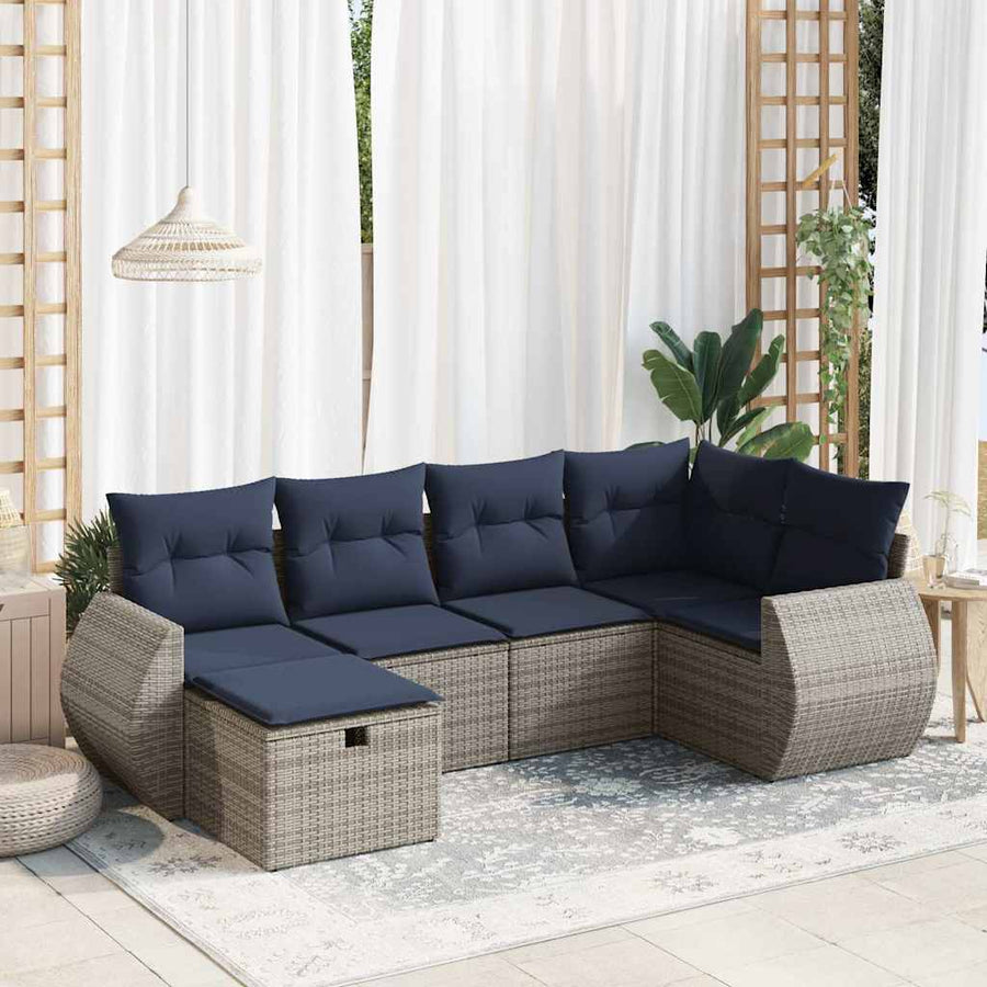 6-delige Loungeset met kussens poly rattan grijs