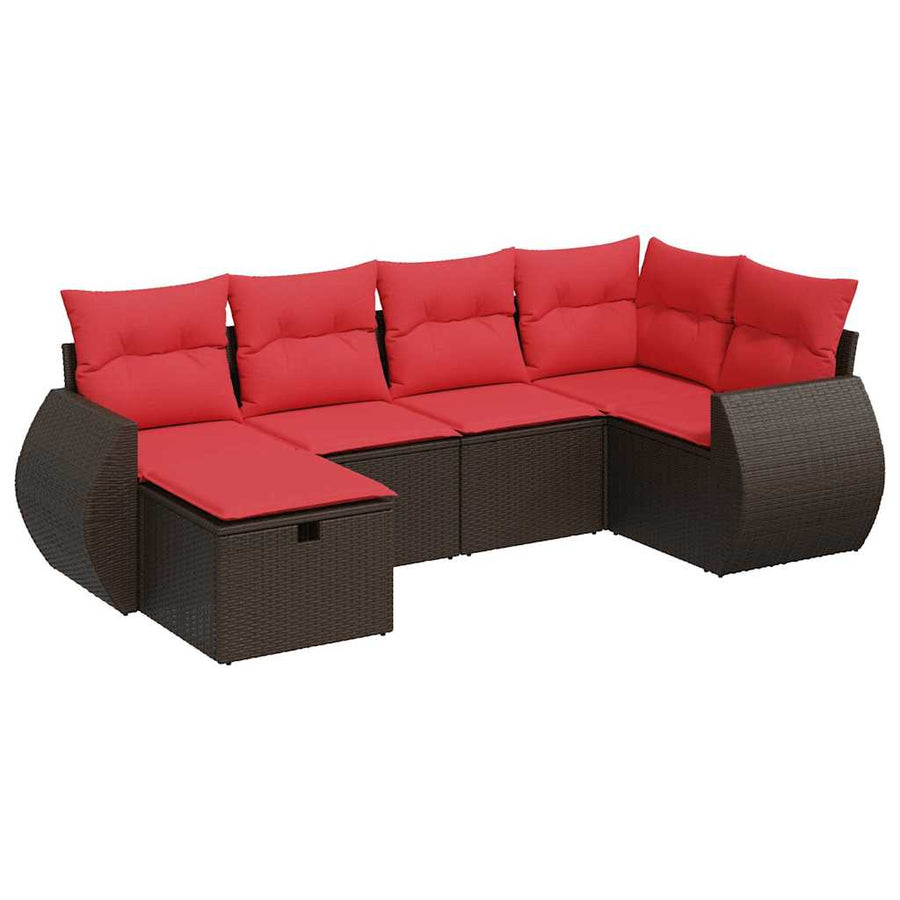 6-delige Loungeset met kussens poly rattan bruin