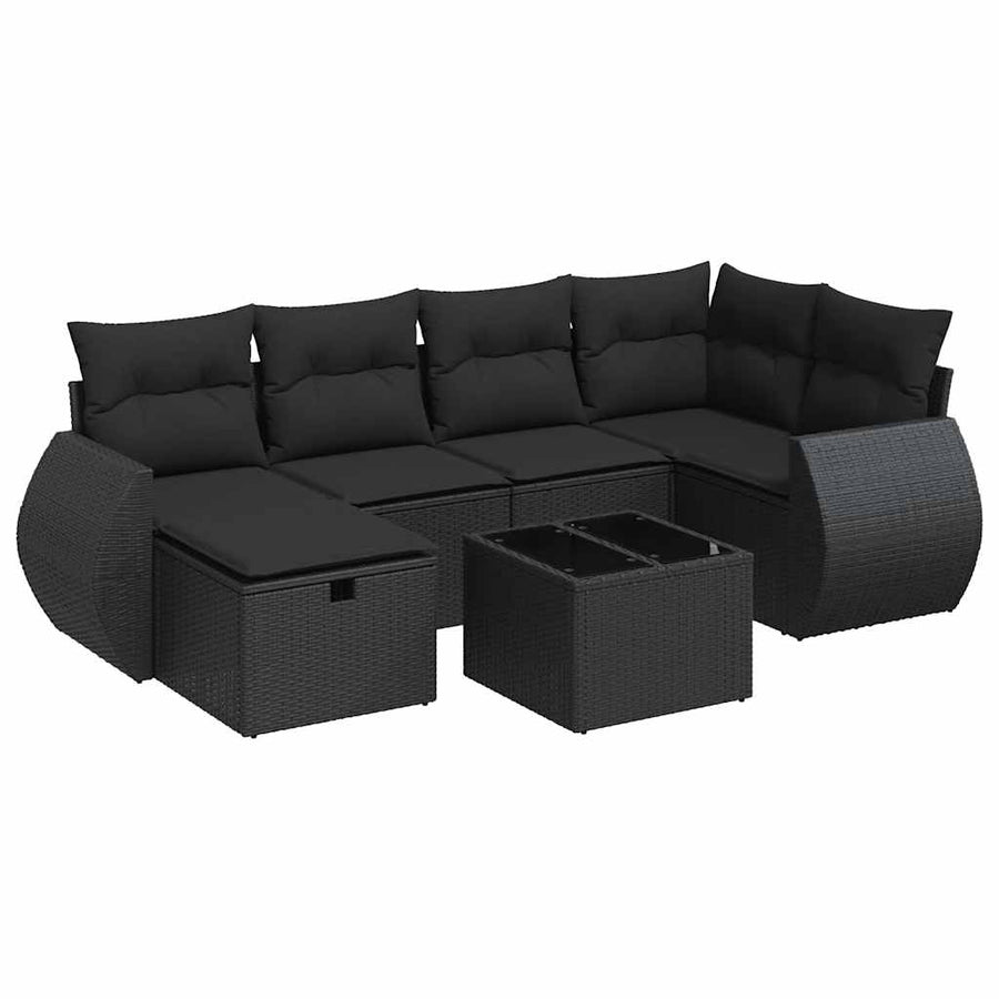7-delige Loungeset met kussens poly rattan zwart