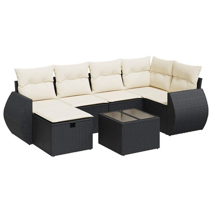 7-delige Loungeset met kussens poly rattan zwart