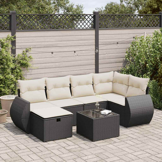 7-delige Loungeset met kussens poly rattan zwart