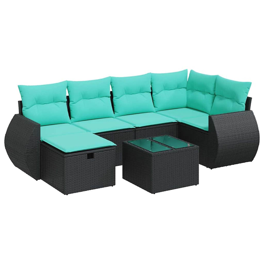7-delige Loungeset met kussens poly rattan zwart