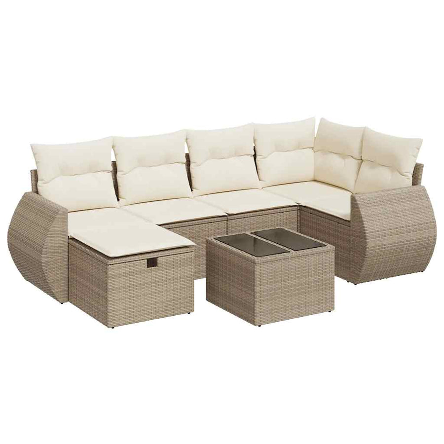 7-delige Loungeset met kussens poly rattan beige