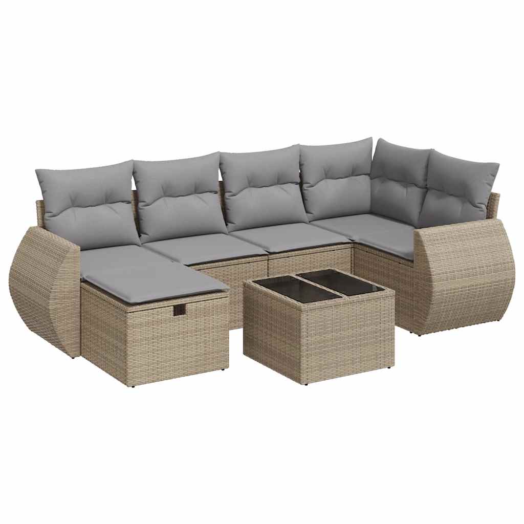 7-delige Loungeset met kussens poly rattan beige