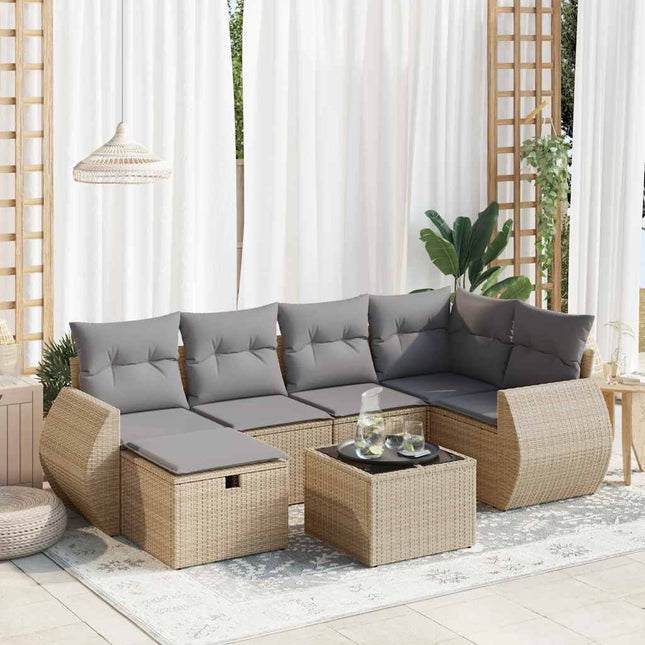 7-delige Loungeset met kussens poly rattan beige