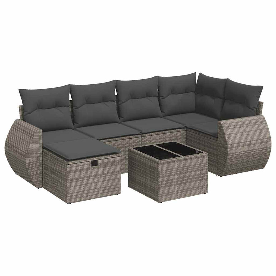 7-delige Loungeset met kussens poly rattan grijs