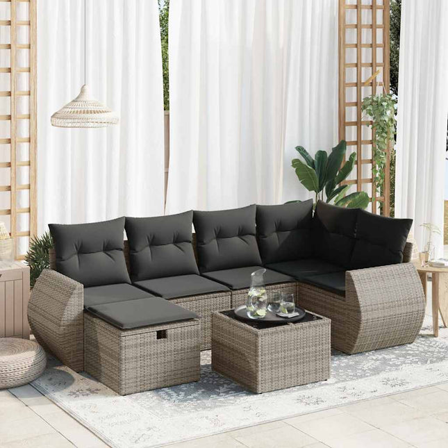 7-delige Loungeset met kussens poly rattan grijs