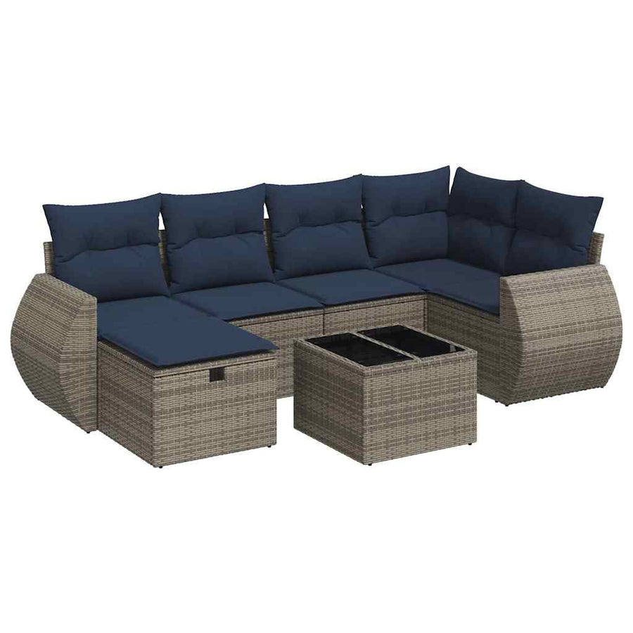 7-delige Loungeset met kussens poly rattan grijs