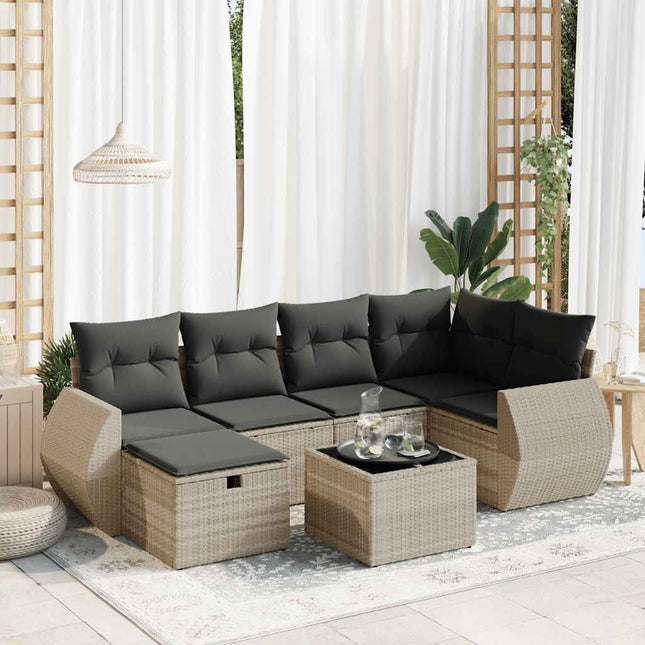 7-delige Loungeset met kussens poly rattan lichtgrijs