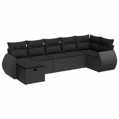 7-delige Loungeset met kussens poly rattan zwart