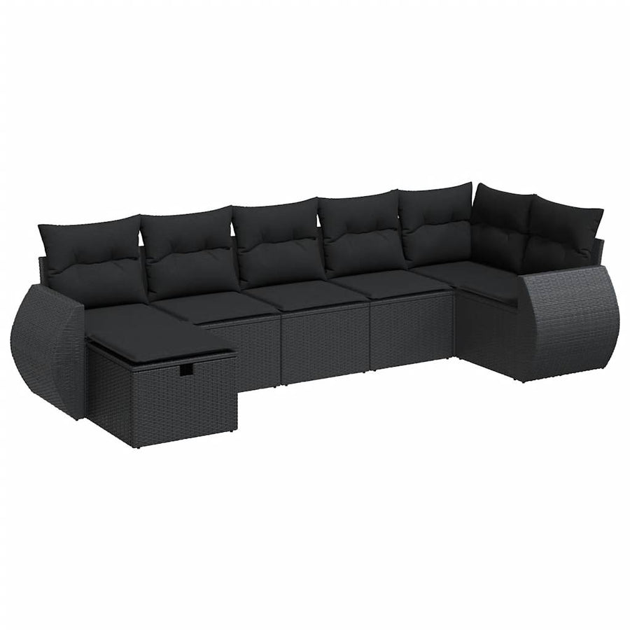 7-delige Loungeset met kussens poly rattan zwart