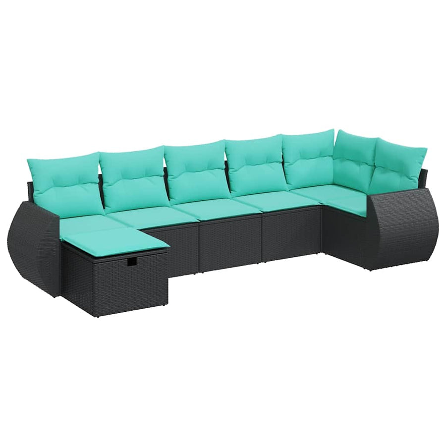 7-delige Loungeset met kussens poly rattan zwart