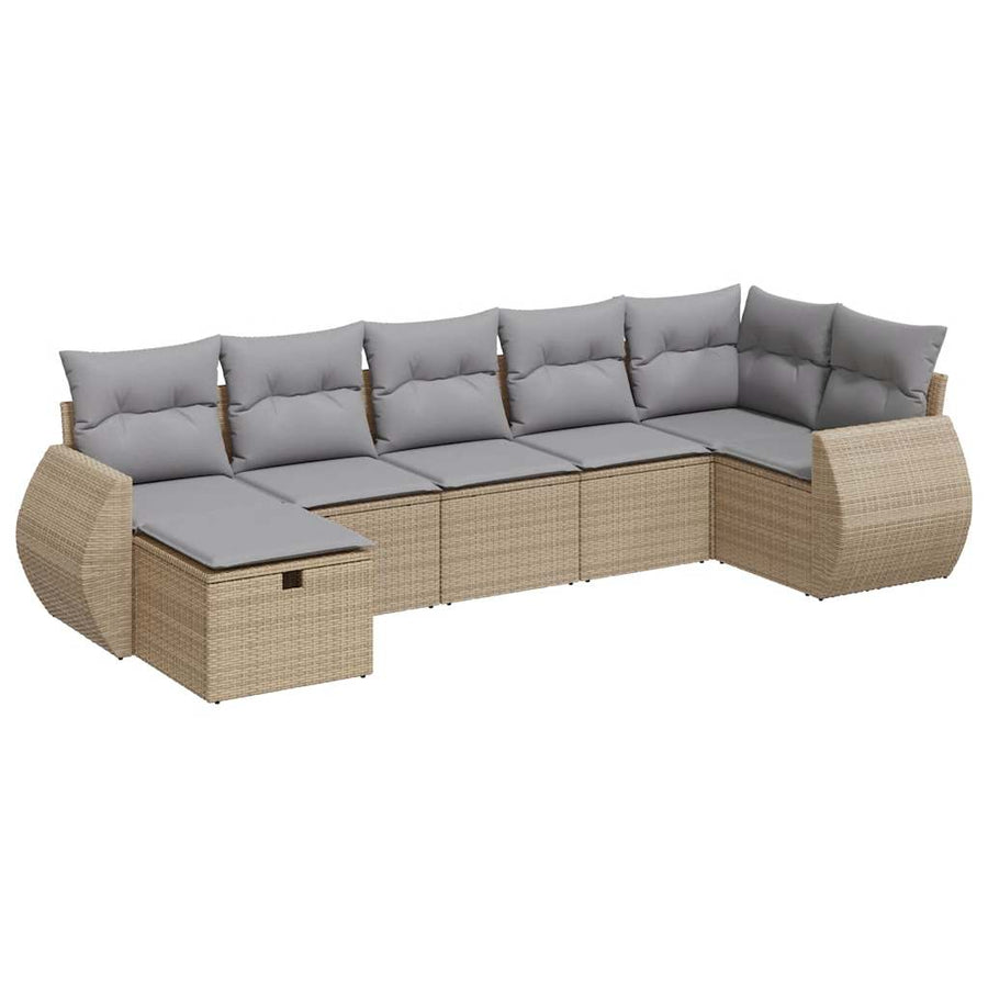 7-delige Loungeset met kussens poly rattan beige