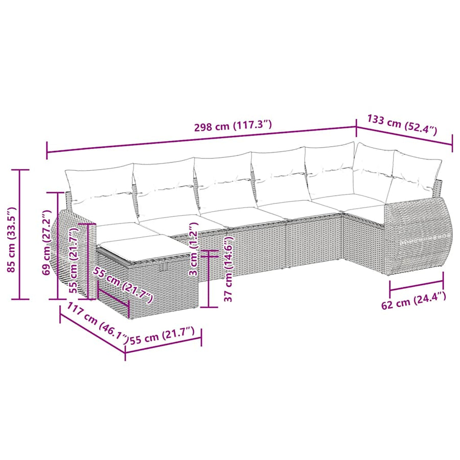 7-delige Loungeset met kussens poly rattan grijs