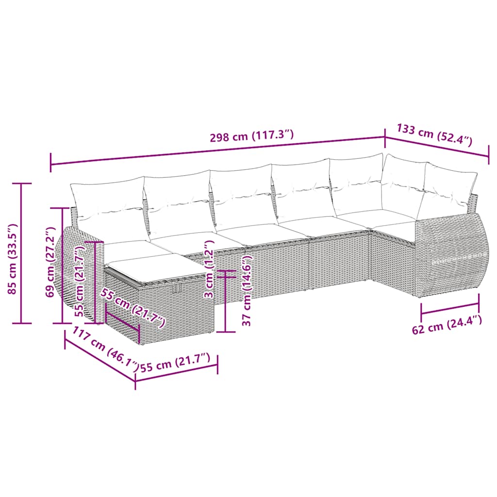 7-delige Loungeset met kussens poly rattan bruin