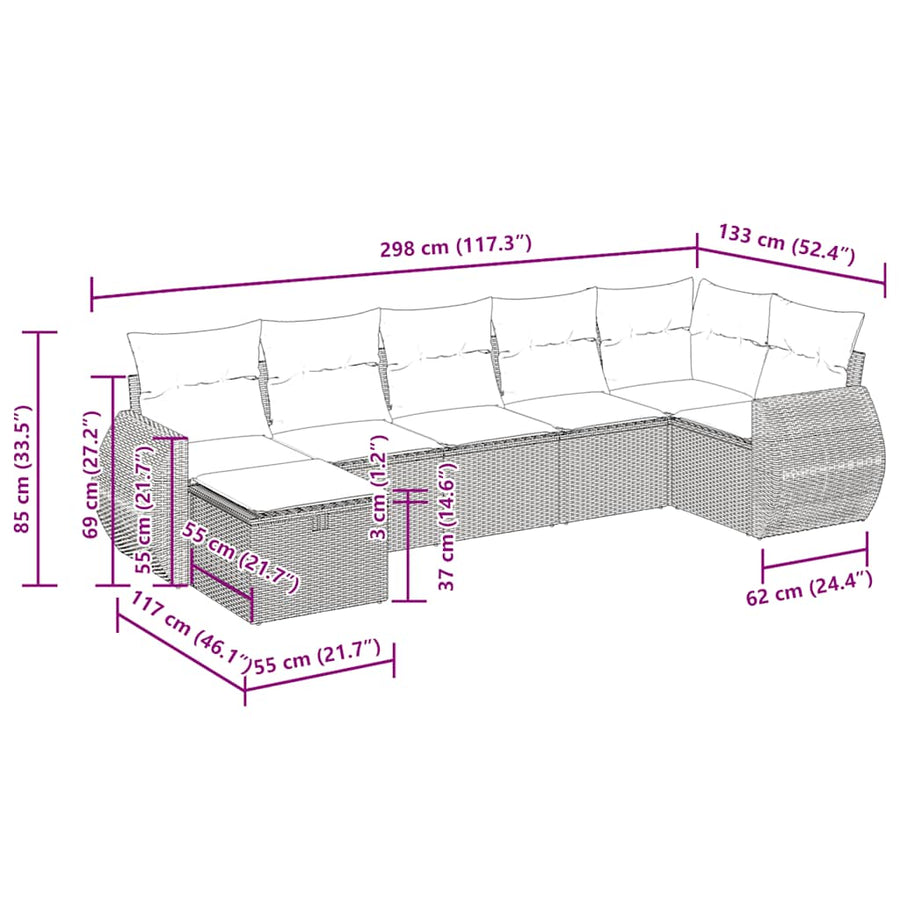 7-delige Loungeset met kussens poly rattan bruin