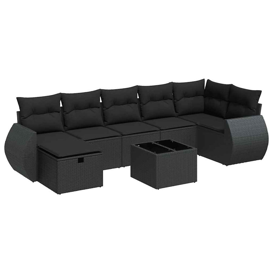 8-delige Loungeset met kussens poly rattan zwart