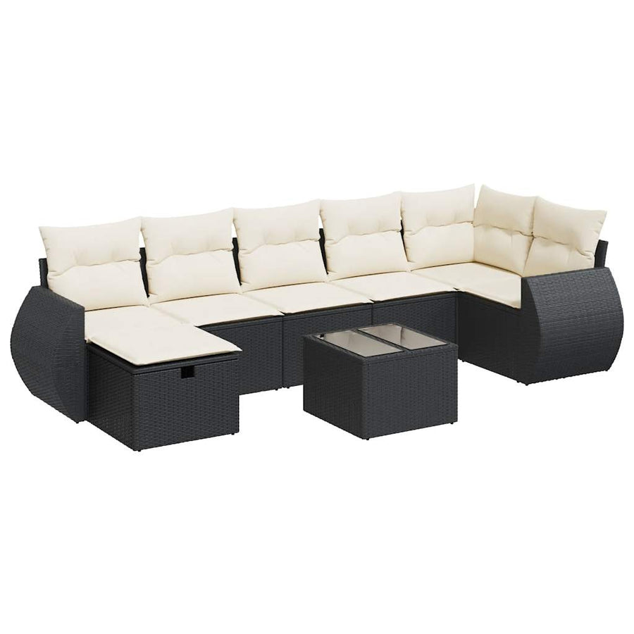 8-delige Loungeset met kussens poly rattan zwart