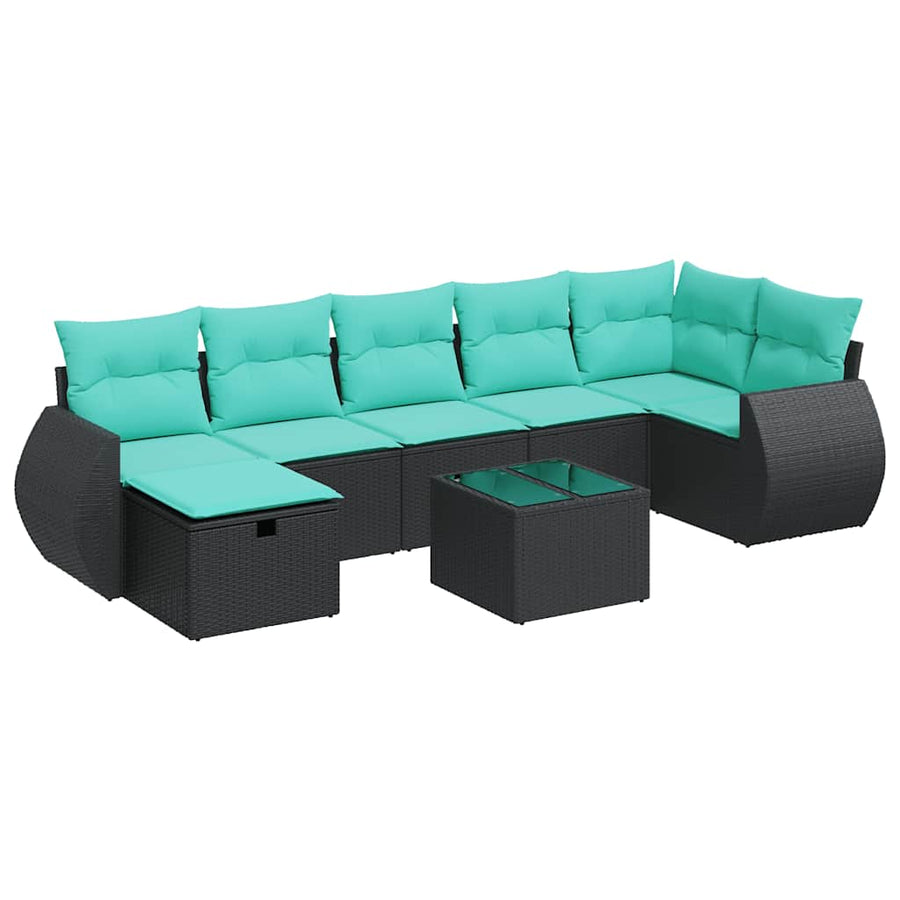 8-delige Loungeset met kussens poly rattan zwart