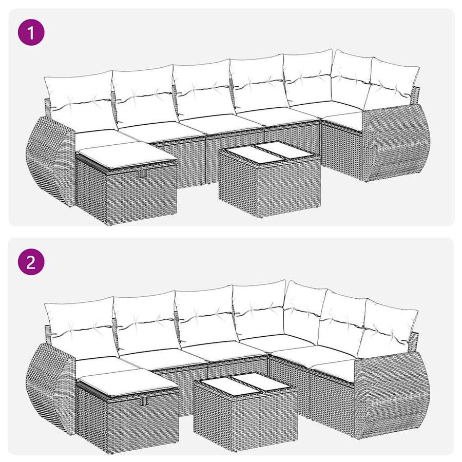 8-delige Loungeset met kussens poly rattan zwart