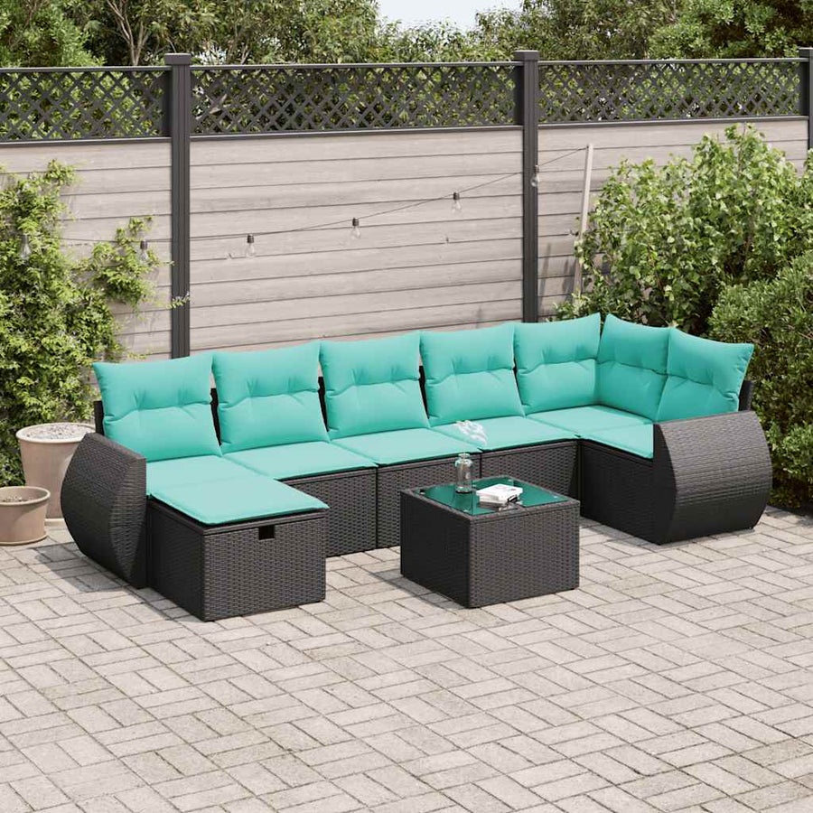 8-delige Loungeset met kussens poly rattan zwart