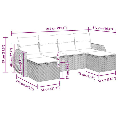 6-delige Loungeset met kussens poly rattan zwart