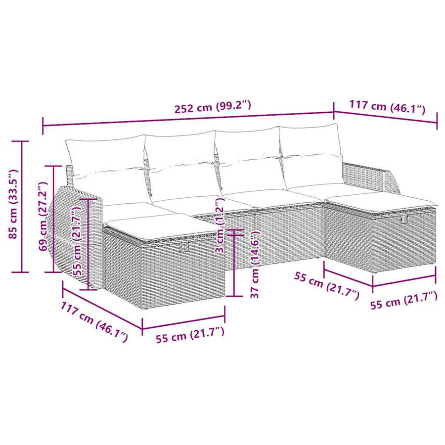 6-delige Loungeset met kussens poly rattan zwart