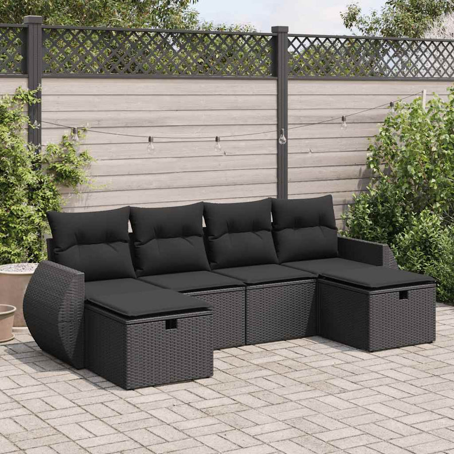 6-delige Loungeset met kussens poly rattan zwart