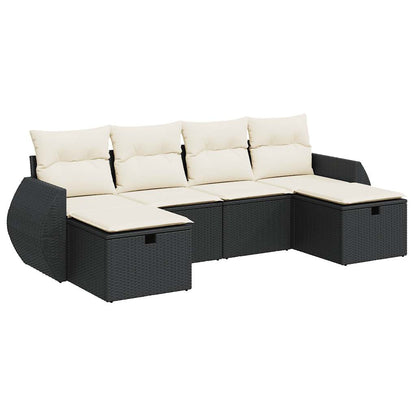 6-delige Loungeset met kussens poly rattan zwart
