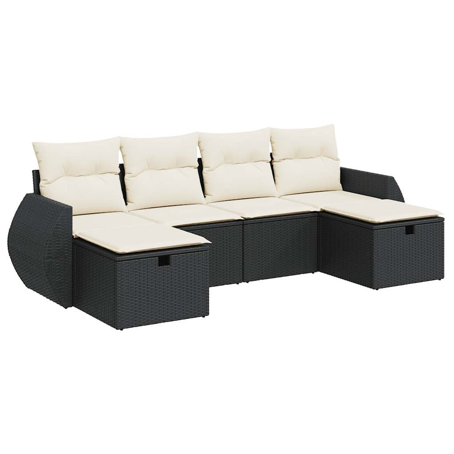 6-delige Loungeset met kussens poly rattan zwart