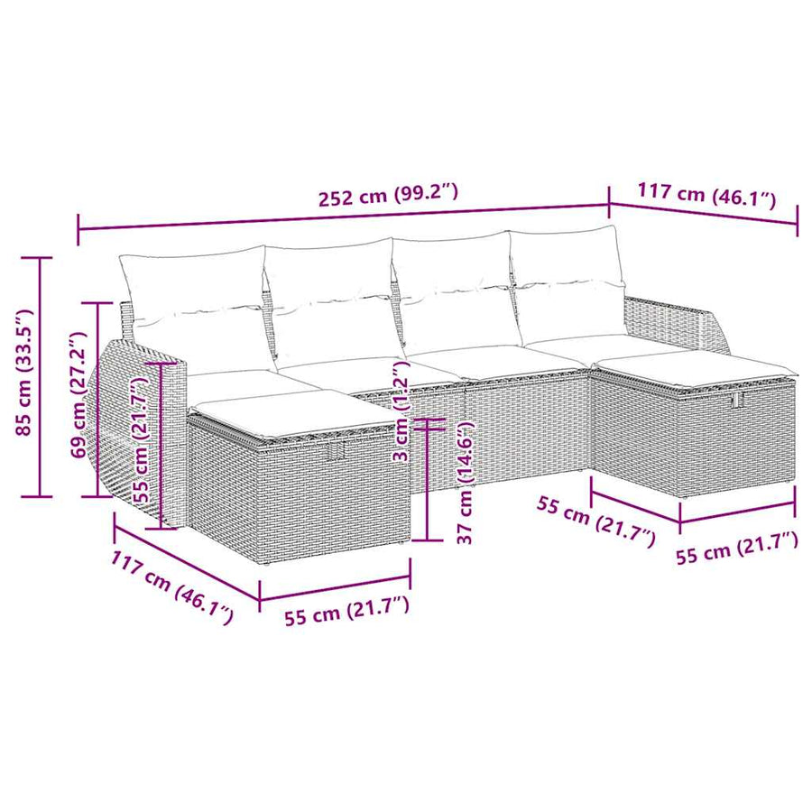 6-delige Loungeset met kussens poly rattan zwart